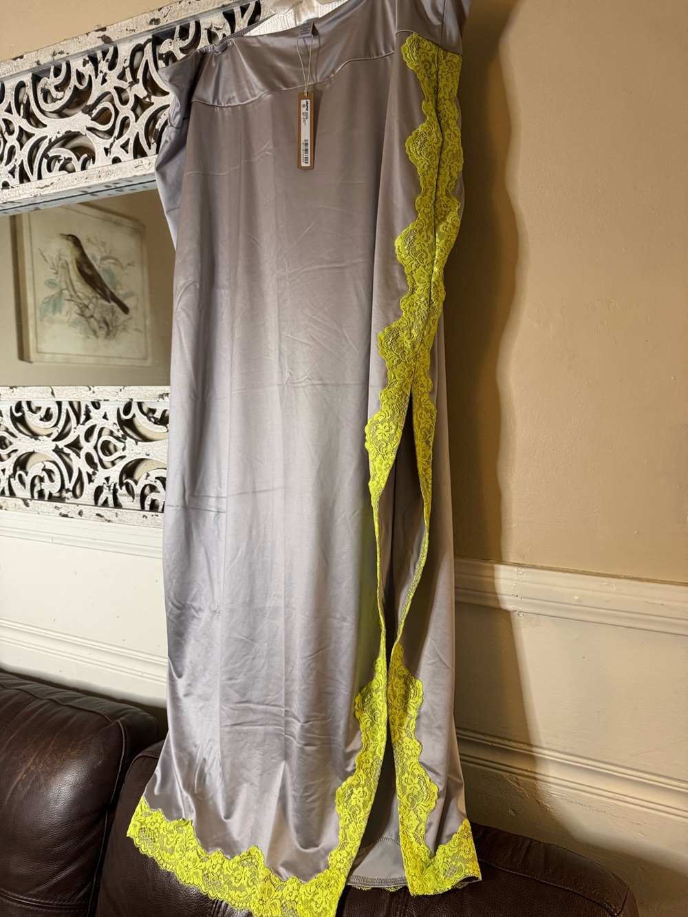 Skims Grey Slip Skirt with apple green Lace Side Detail